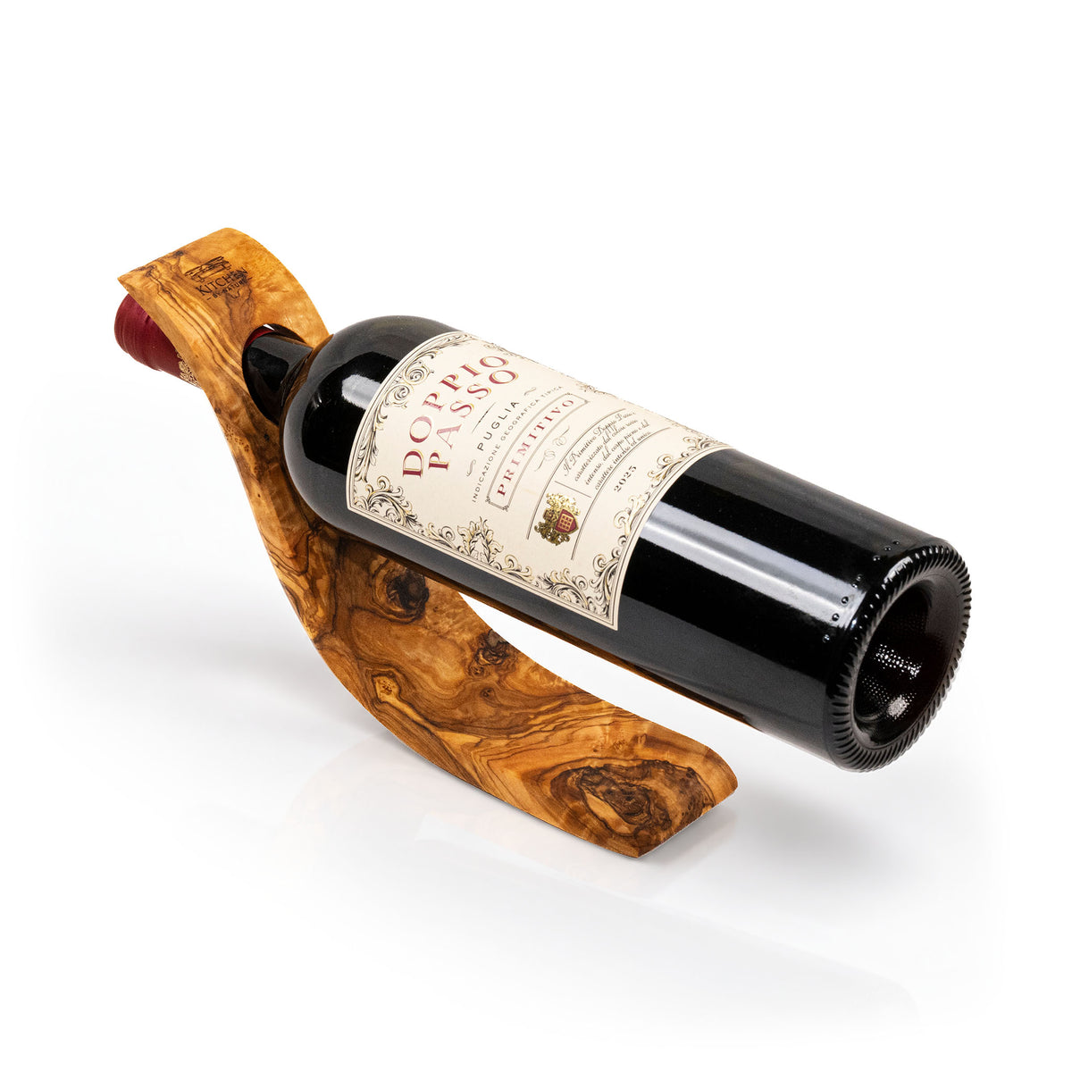 Botellero de madera de olivo con una botella de vino tinto en equilibrio