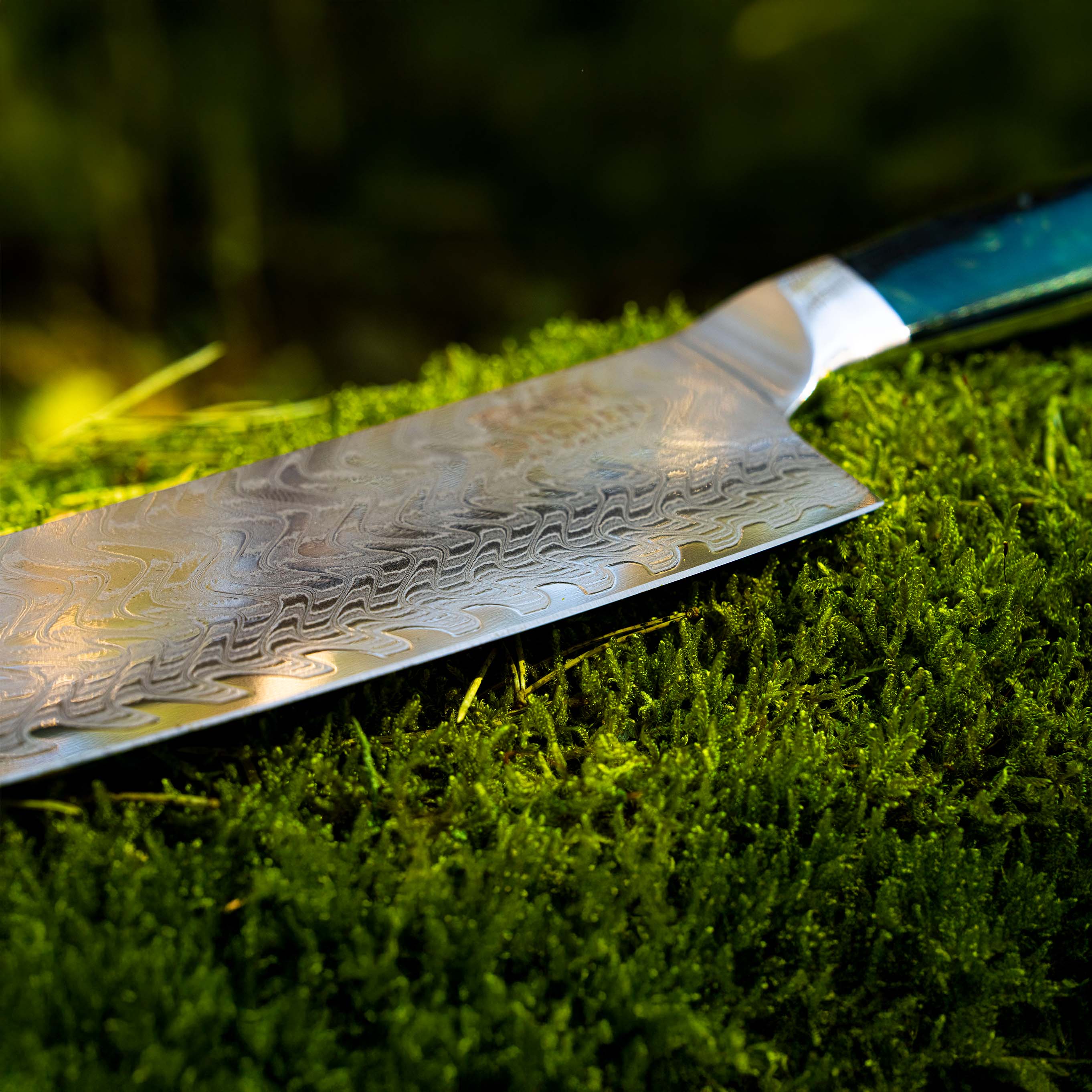 Einzigartig gemaserte Klinge des Careme Damaszener Chefmessers für die Küche