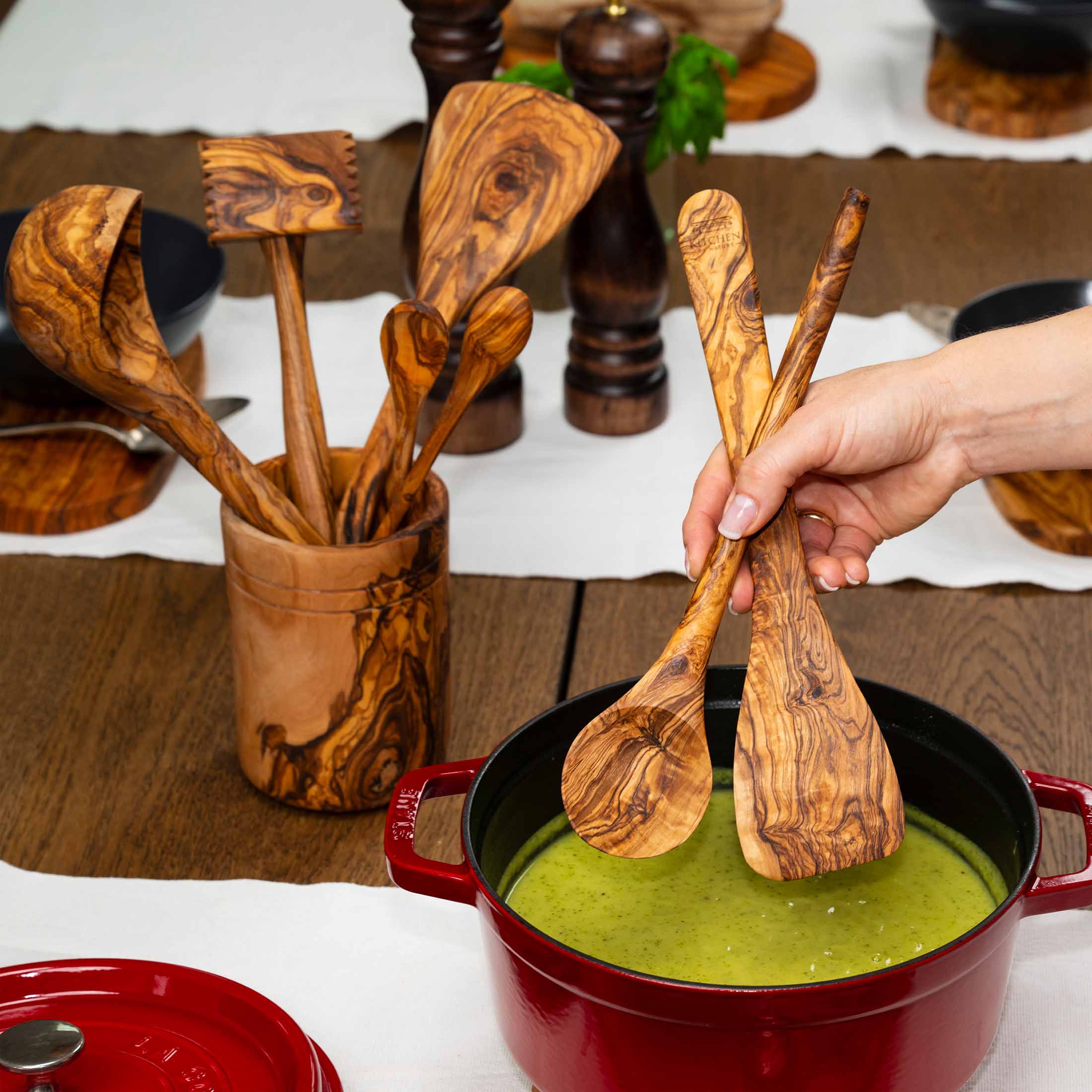 11-piece Olive Wood Kitchen Utensil Set with Cutting Board
